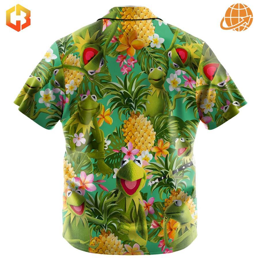 Colorful short-sleeve Hawaiian shirt with Kermit the Frog surrounded by tropical motifs and summer vibes