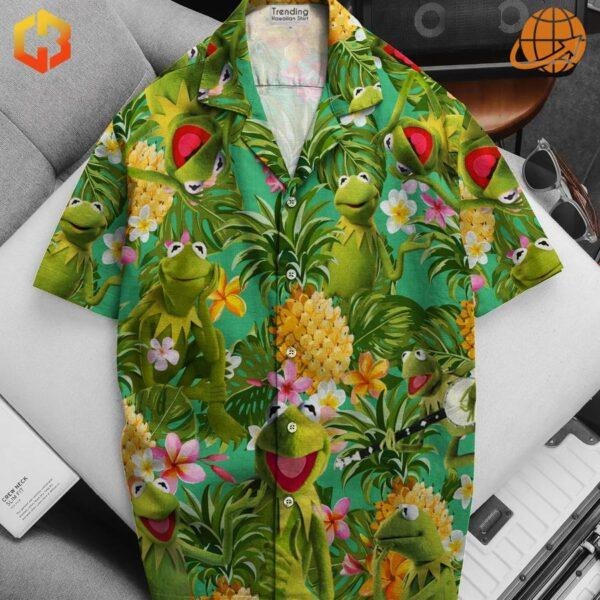 Bright and cheerful men’s Hawaiian shirt showcasing Kermit the Frog in a fun, tropical-themed design