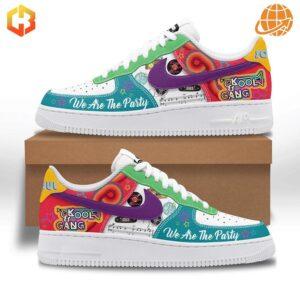 Close-up of Kool & The Gang Party Nike Air Force Shoes showing detailed design on white background.