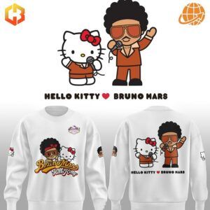 Main cartoon design of Bruno Mars and Hello Kitty with sweatshirt mockups in white and pink.