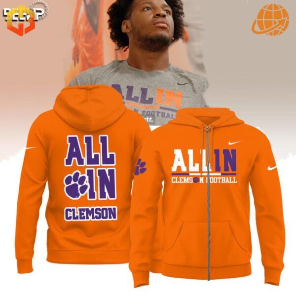 Classic Clemson hoodie featuring a large 'All In' slogan on the chest