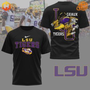 Black LSU Tiger Football Shirt with team logo and mascot design.