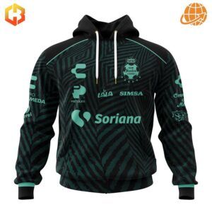 Santos Laguna themed hoodie with black and teal pattern and sponsor logos.