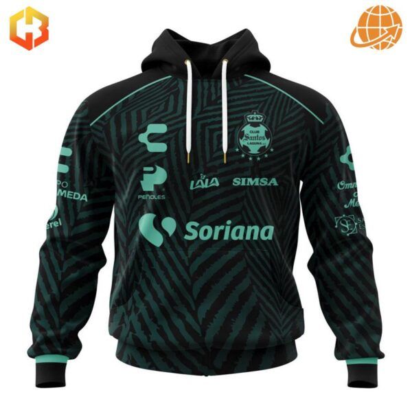 Santos Laguna themed hoodie with black and teal pattern and sponsor logos.