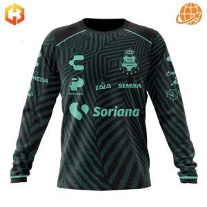 Long-sleeved Santos Laguna away jersey with black and teal pattern and sponsor logos.