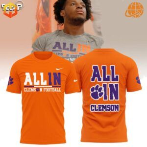 Bright orange Clemson Tigers All In shirt with bold collegiate font.