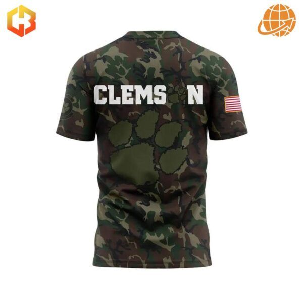 Clemson Tigers camouflage t-shirt with white text and tiger paw logo