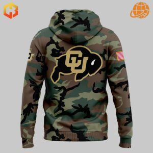 Colorado Buffaloes camo hoodie with 'Veteran' text and Buffaloes logo on a camouflage pattern background