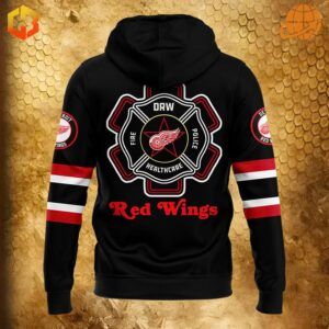 Detroit Red Wings Firefighter Appreciation hoodie with Maltese cross and team logo design on back.