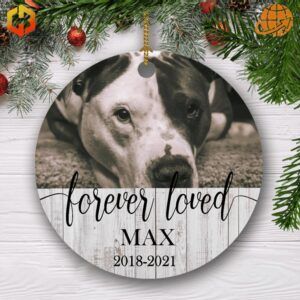 A personalized memorial ornament with the words 'Forever Loved' and space for a custom photo