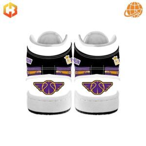 Los Angeles Lakers LeBron James custom Air Jordan 1 sneakers in white, purple, and black.