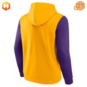 Back view of Los Angeles Lakers hoodie with gold body and purple sleeves