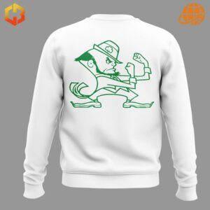 White sweatshirt with green Notre Dame Fighting Irish leprechaun logo on the back.