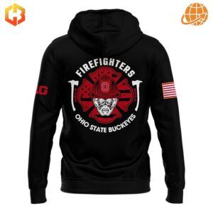 Ohio State Buckeyes Firefighter Appreciation hoodie back design with red emblem and text