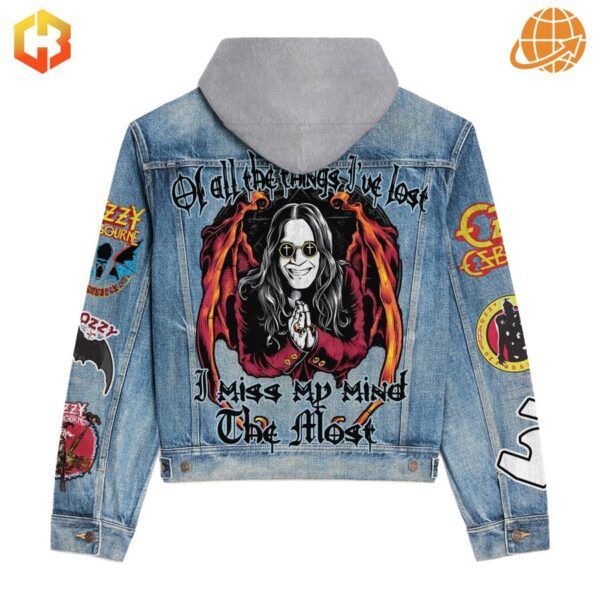 Ozzy Osbourne Hooded Denim Jacket with large back panel artwork of Ozzy with bat wings and quote.