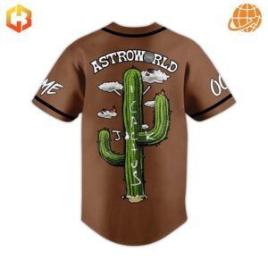 Back view of the Travis Scott Astroworld Baseball Jersey with a cactus design.