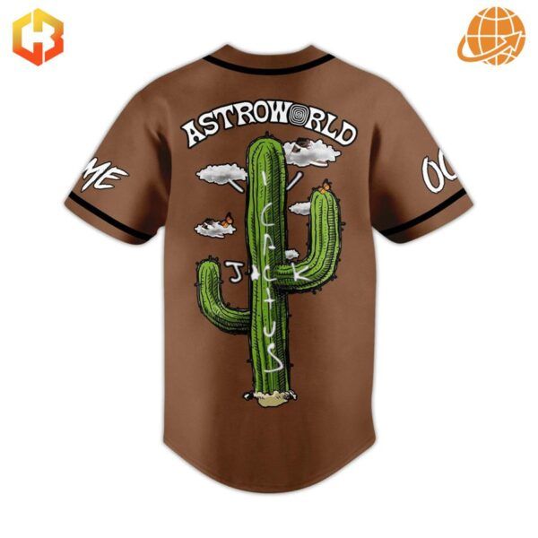 Back view of the Travis Scott Astroworld Baseball Jersey with a cactus design.