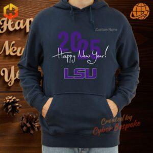 Person celebrating at a New Year’s event wearing an LSU Tigers Happy New Year 2025 hoodie.