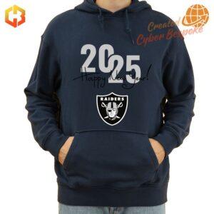 New Year's hoodie for Las Vegas Raiders fans, featuring the team logo and '2025' graphic.