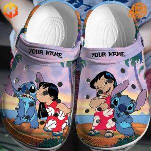 Close-up of Lilo Stitch Custom Crocs Shoes featuring Lilo and Stitch artwork with a Hawaiian sunset theme.