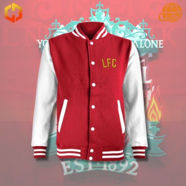 Red and white Liverpool FC baseball jacket with embroidered logo.