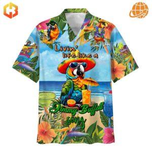 Embrace the island life with the charming parrot design on the Livin' Life Like A Jimmy Buffett Song Hawaiian Shirt.