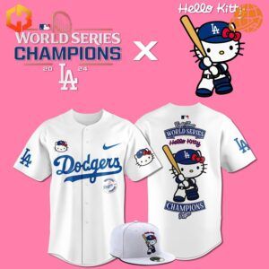 White Los Angeles Dodgers Hello Kitty World Series Champion 2024 Baseball Jerseys and cap on pink background.