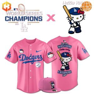 Pink Los Angeles Dodgers Hello Kitty World Series Champion 2024 Baseball Jerseys and cap on white background.