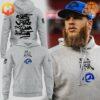 Los Angeles Rams NFL Inspire Change hoodie displayed next to a bearded player in team cap.