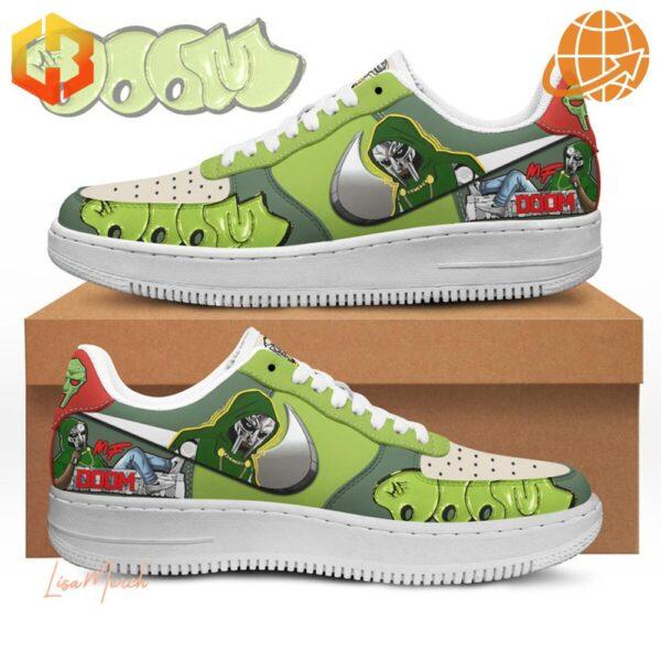 Custom MF Doom Nike Air Force Shoes with green colorway and artistic design elements.