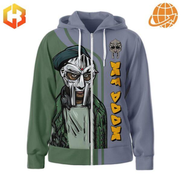 Front view of MF Doom Nothing Is Real The Illest Villain Hoodie, showcasing detailed character artwork and split color design.