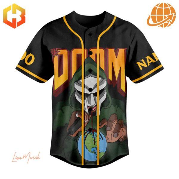 Detailed view of MF Doom Operation Doomsday Baseball Jersey front featuring DOOM text and character illustration.