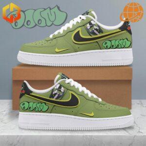 Side view of MF Doom Green Air Force 1 Shoes with green upper and black swoosh.