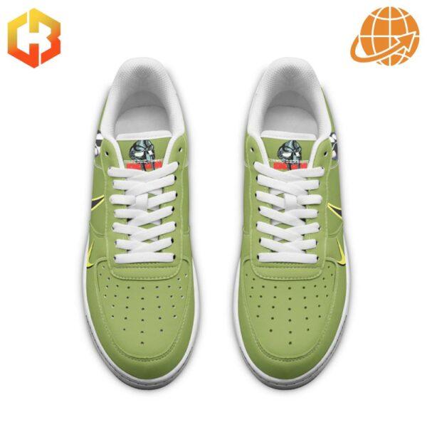 Top view of MF Doom Green Air Force 1 Shoes with MF Doom mask graphic.