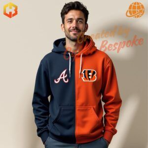 A sleek blue zip-up hoodie featuring vibrant MLB and NFL team logos, blending sports fandom in a stylish design.