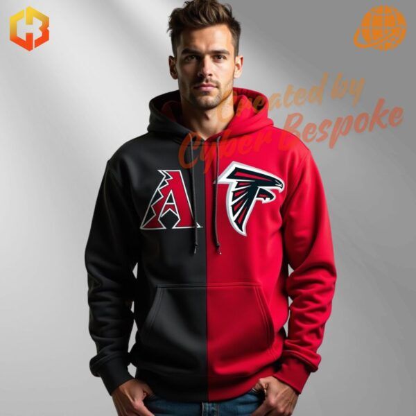 Close-up of a man wearing the MLB Mix NFL Teams Hoodie with bold logos