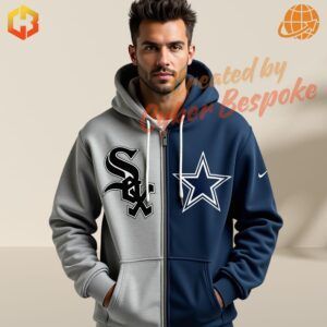 Sports fan zip-up hoodie with mixed MLB and NFL graphics, perfect for casual outings and cooler days