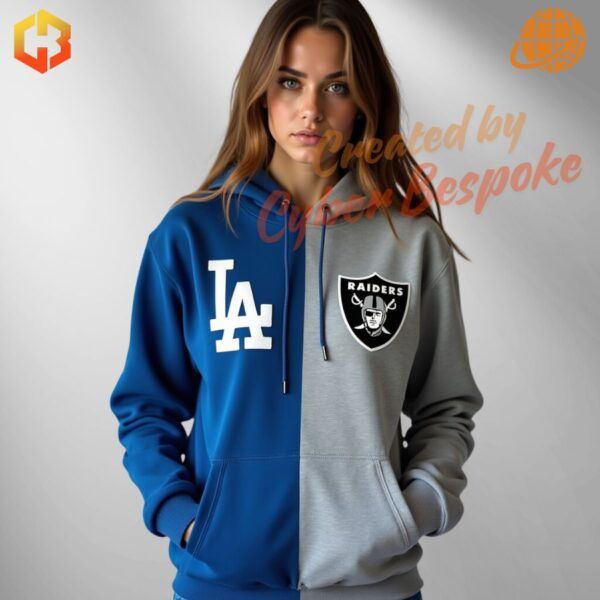 A two-tone blue MLB and NFL-themed hoodie featuring logos worn by a model showcasing its sporty design.