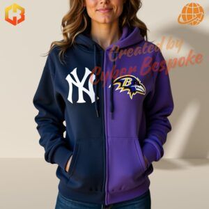 Sports hoodie with bold graphics combining Major League Baseball and National Football League team logos.
