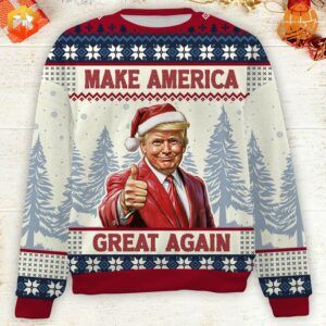 A cozy Christmas sweater featuring the slogan 'Make America Great Again Trump 2024' in bold red, white, and blue patriotic colors, perfect for the holiday season