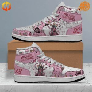 Custom Melanie Martinez Air Jordan 1 Shoes with pink and white design, featuring artistic illustrations and text.