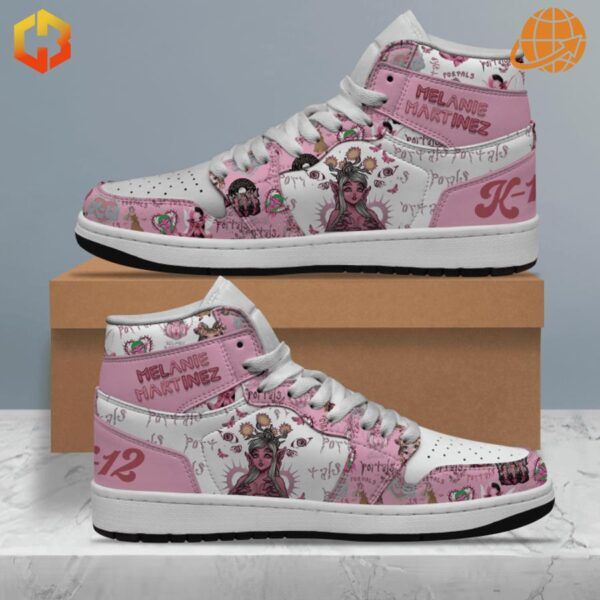 Custom Melanie Martinez Air Jordan 1 Shoes with pink and white design, featuring artistic illustrations and text.