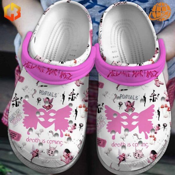 Melanie Martinez Portals Pink Crocs Shoes featuring whimsical pink and white designs with artistic illustrations.