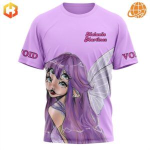 Front view of Melanie Martinez t-shirt with purple-haired fairy character and "VOID" text on sleeves.