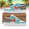 Mele Kalikimaka Jimmy Buffett Nike Air Force Shoes displayed on a beach scene with palm trees and holiday decorations.