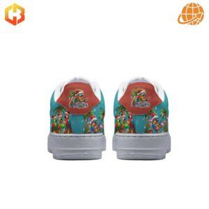 Back view of Mele Kalikimaka Jimmy Buffett Nike Air Force Shoes showing colorful tropical Christmas designs on turquoise background.