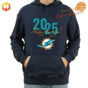 Front view of Miami Dolphins Happy New Year 2025 hoodie with celebratory graphics