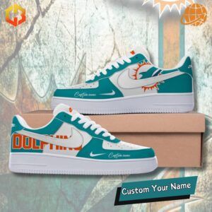 Miami Dolphins Nike Air Force 1 Sneakers with vibrant teal and orange design, perfect for Dolphins fans.