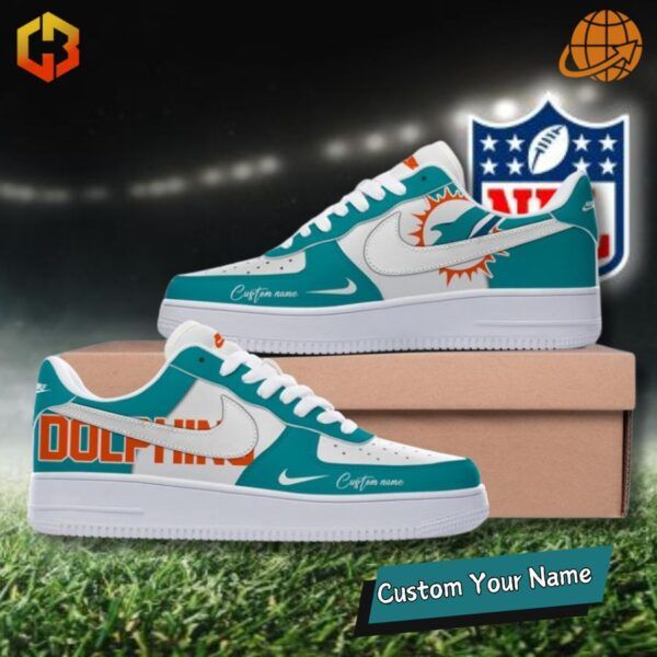 Stylish Miami Dolphins-themed Nike Air Force 1 Sneakers, featuring bold team colors and sleek design