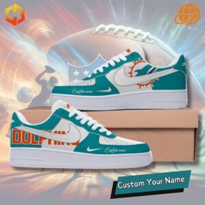 Show off your Dolphins pride with the Miami Dolphins Nike Air Force 1 Sneakers, combining sport and style